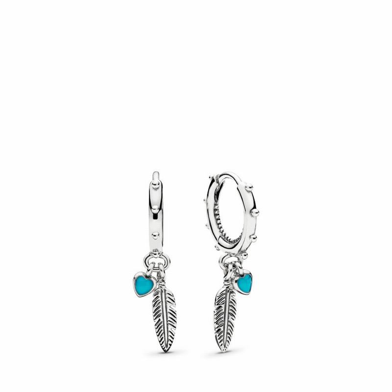 Pandora Spiritual Feathers Dangle Earrings Ireland - Sterling Silver/Enamel/Turquoise - 416328ZGP